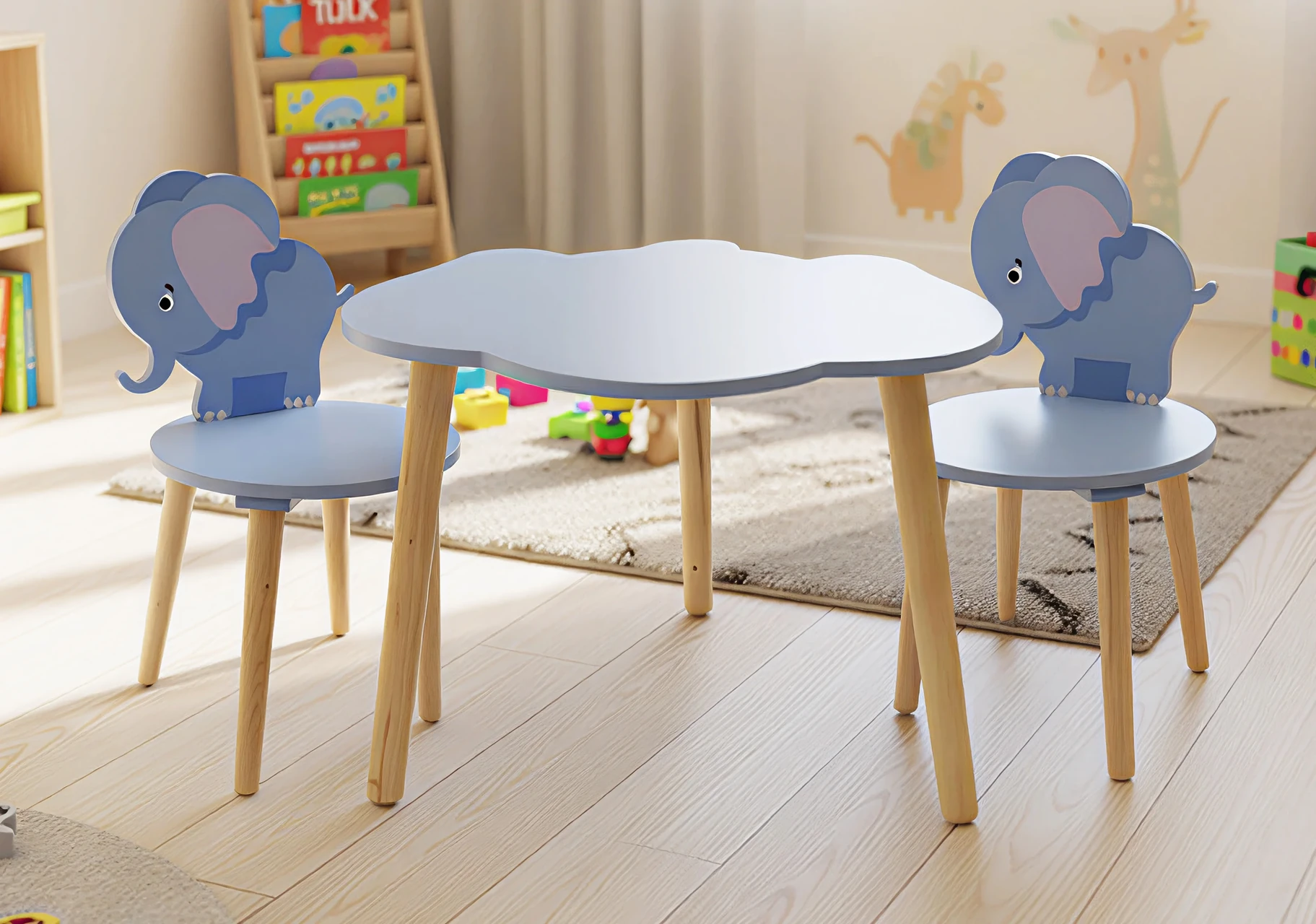 Kids Wooden Cloud Table and Elephant Chair Set