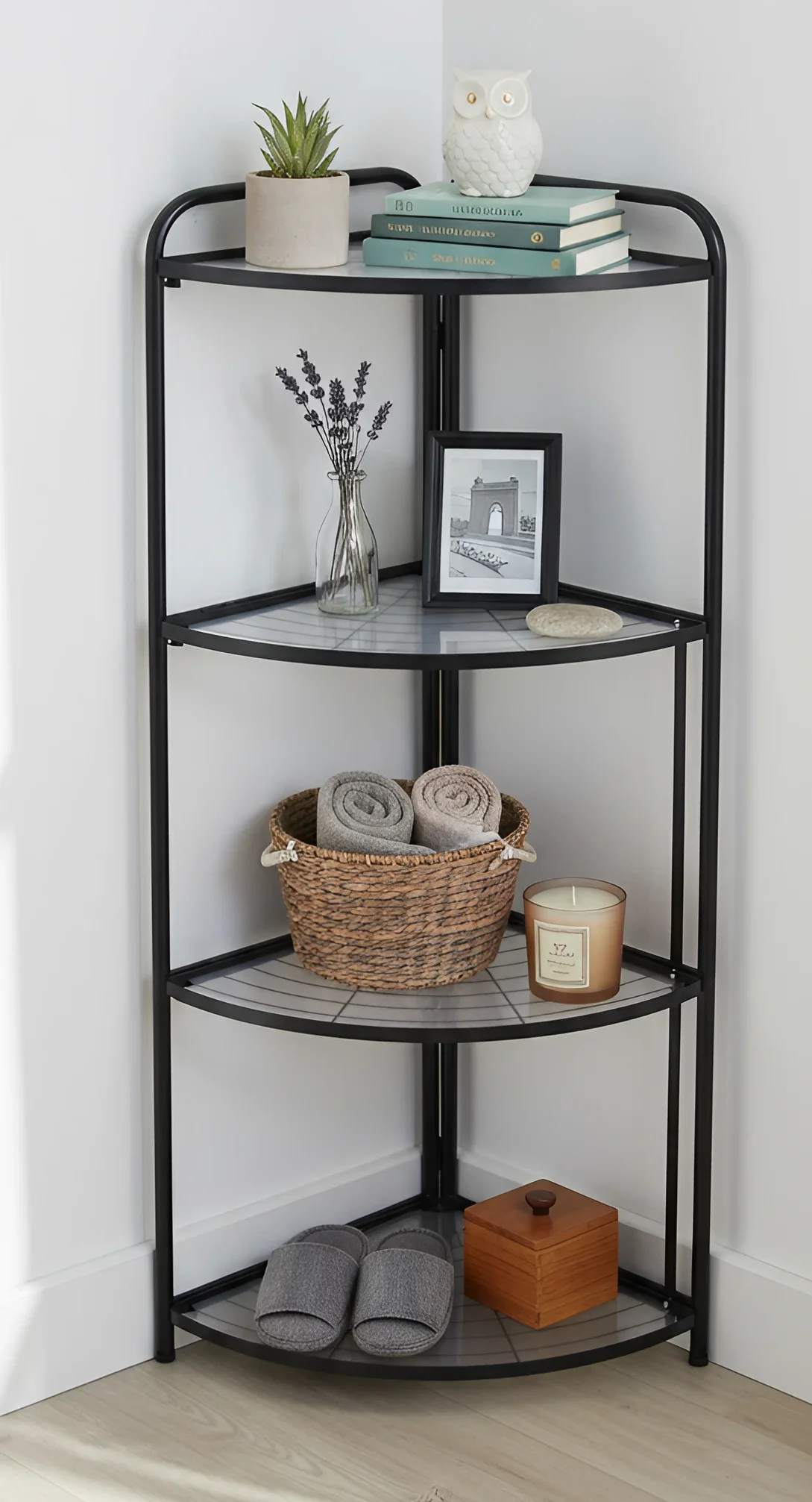 4-Tier Black Metal Wire Corner Shelf