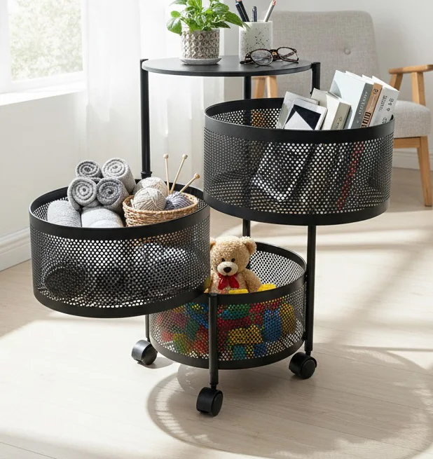 Rolling Storage Cart with Top Table and Mesh Baskets