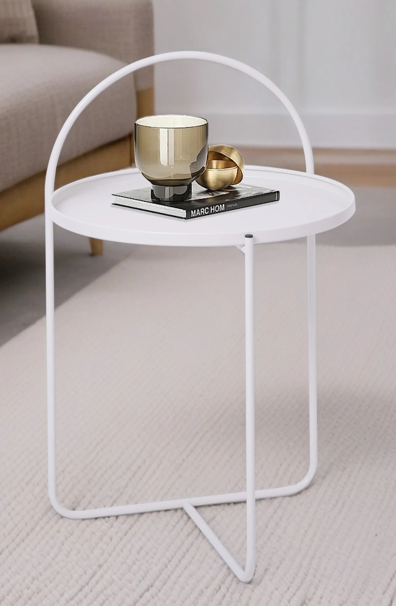 Modern White Metal Side Table with Handle