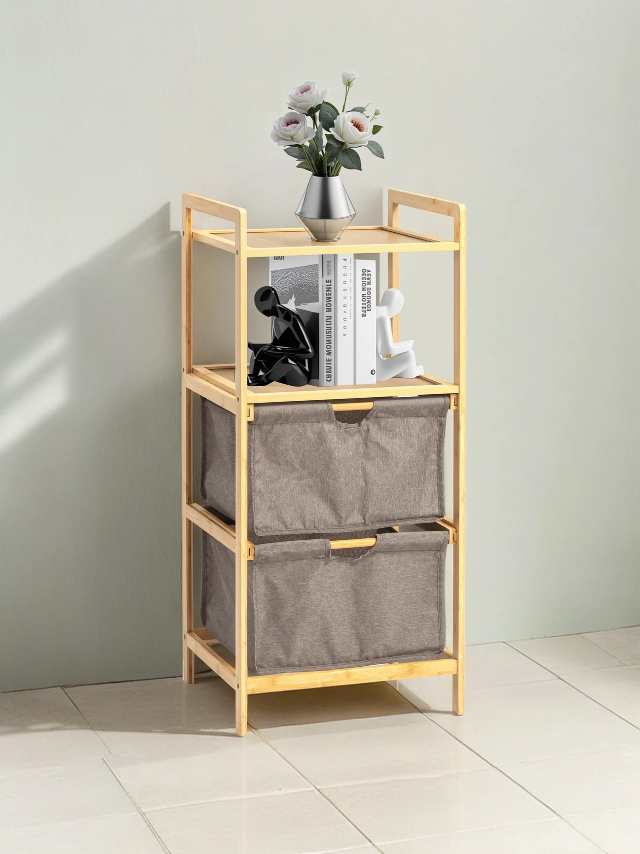 Bamboo Storage Shelf with Fabric Bins