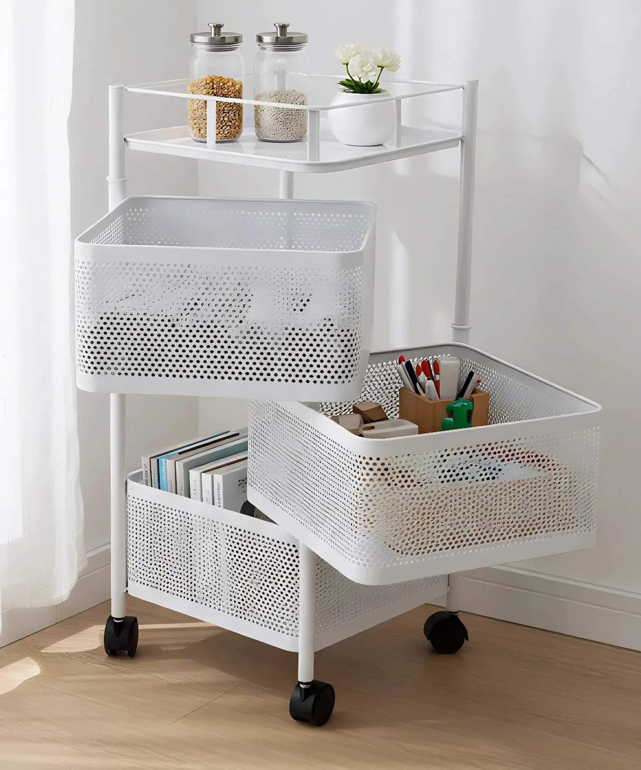 3-Tier Mobile Storage Cart with Perforated Baskets