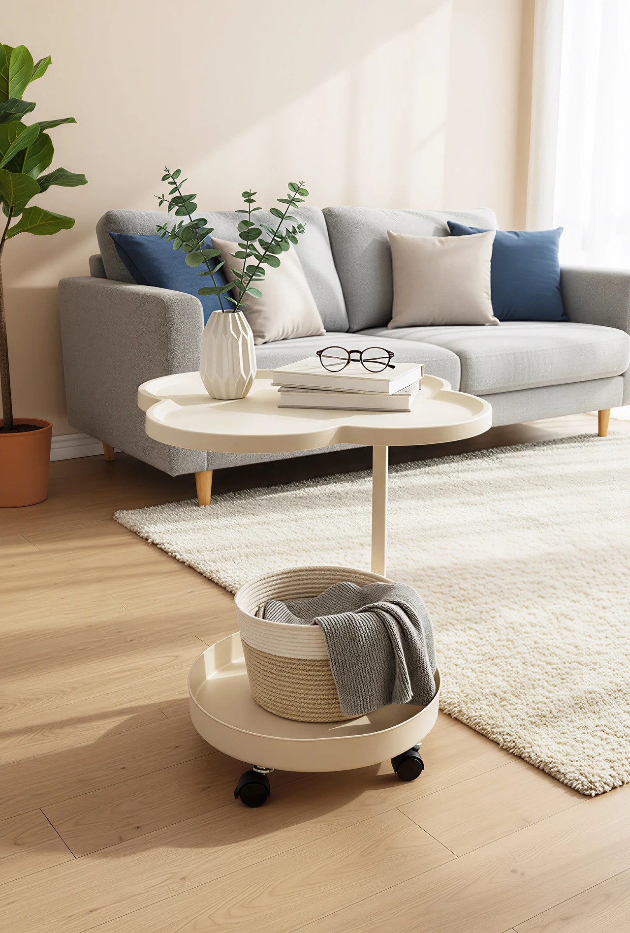 Two-tier rolling side table with cloud-shaped top tray
