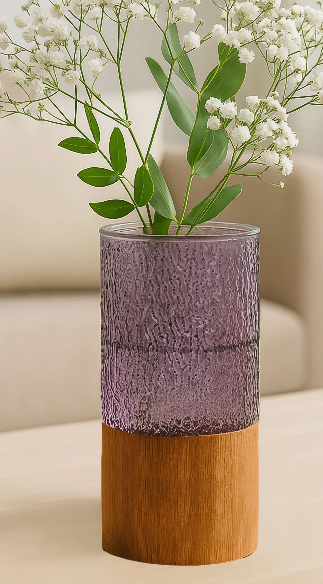 Purple Textured Glass Vase with Wooden Base