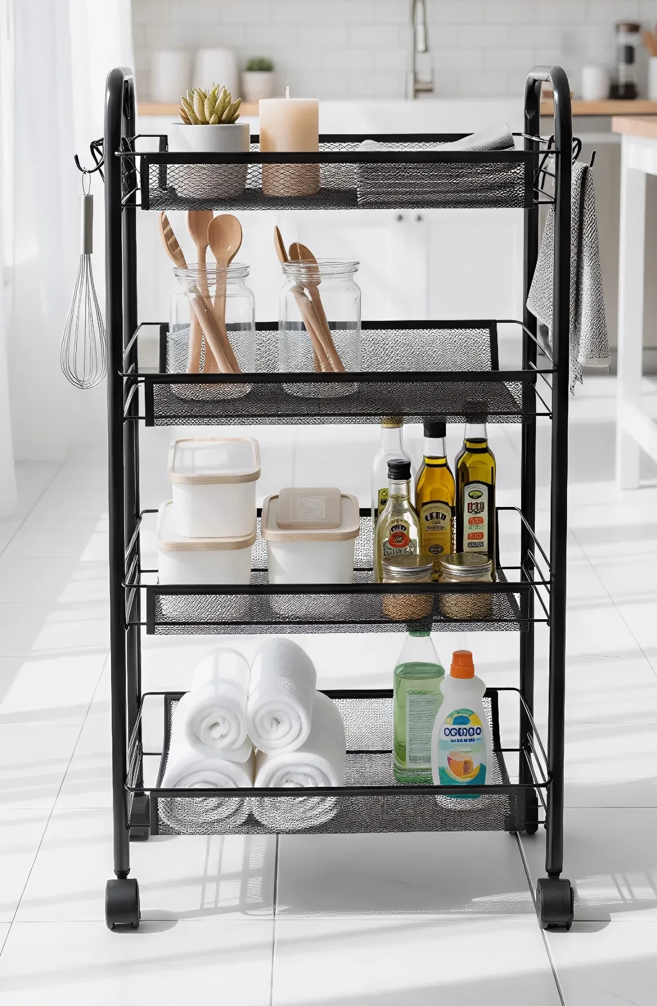 4-Tier Black Mesh Rolling Storage Cart