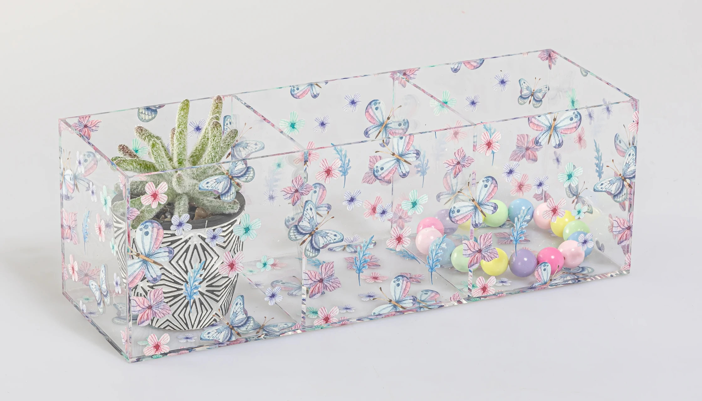 Acrylic Butterfly Pattern 3-Compartment Storage Box