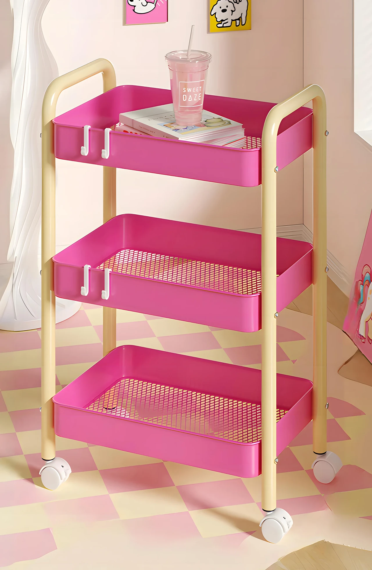 3-Tier Rolling Storage Cart with Hooks
