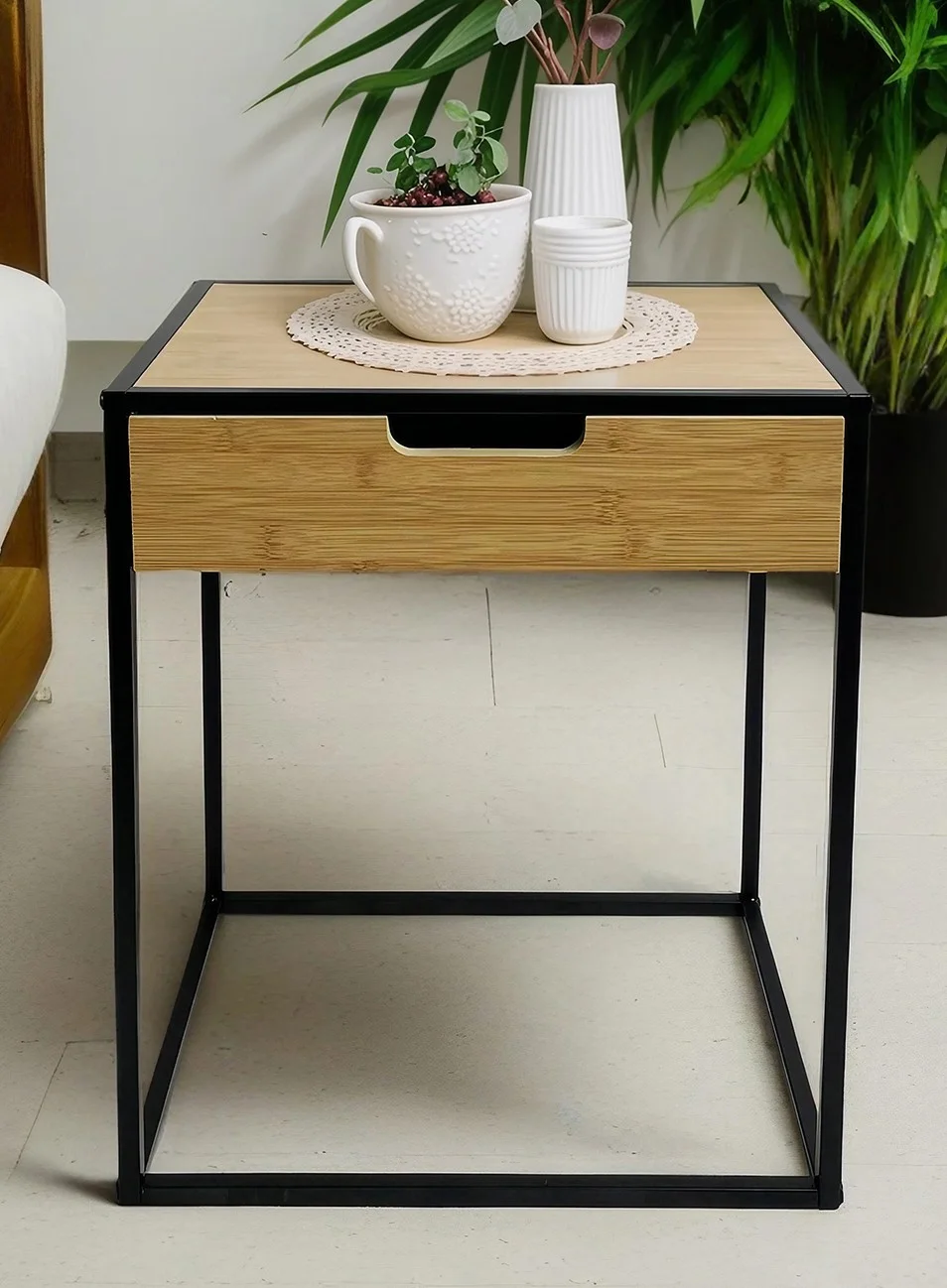 Bamboo Wood Side Table with Metal Frame and Drawer