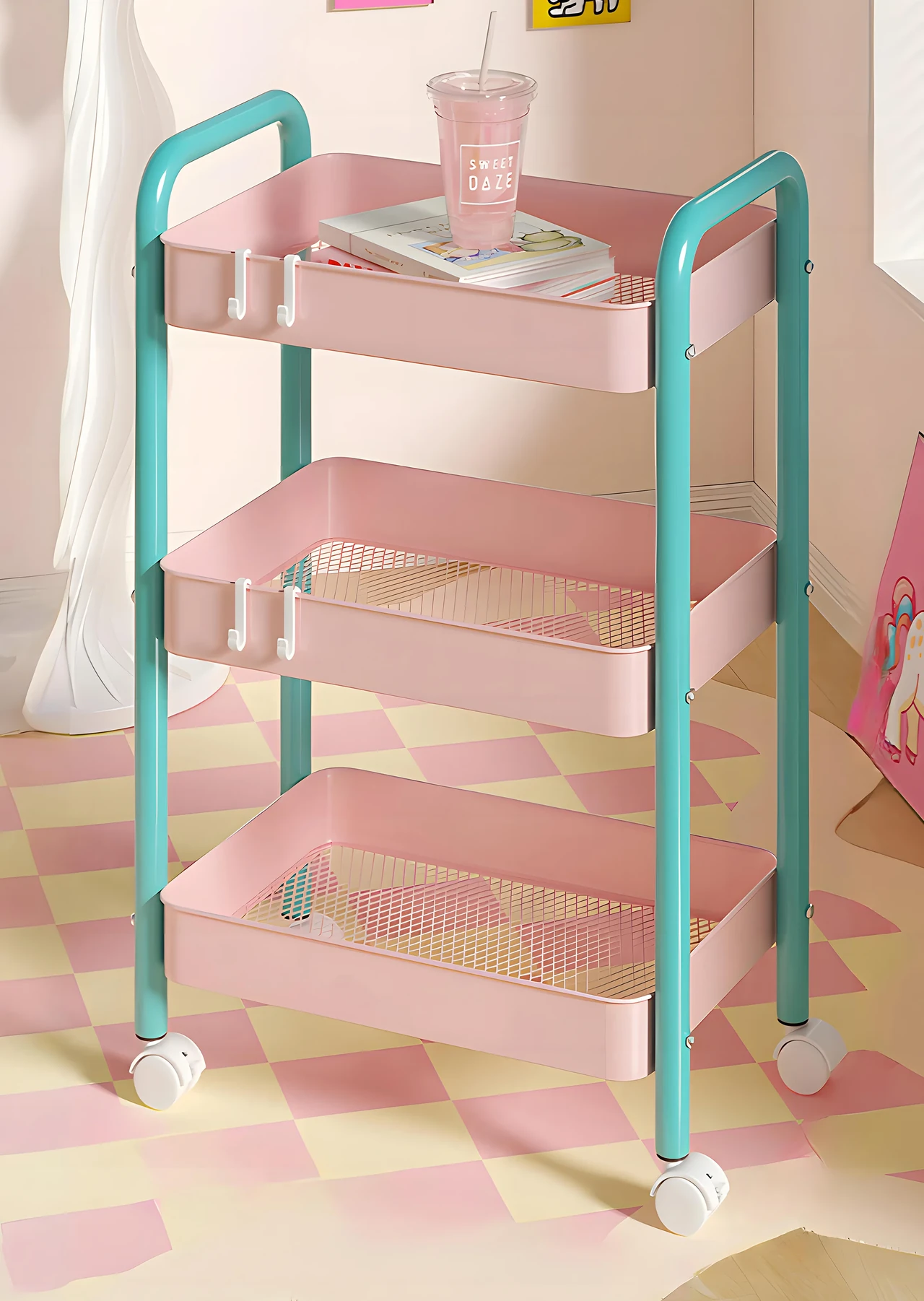 3-Tier Rolling Utility Cart with Hooks and Mesh Shelves